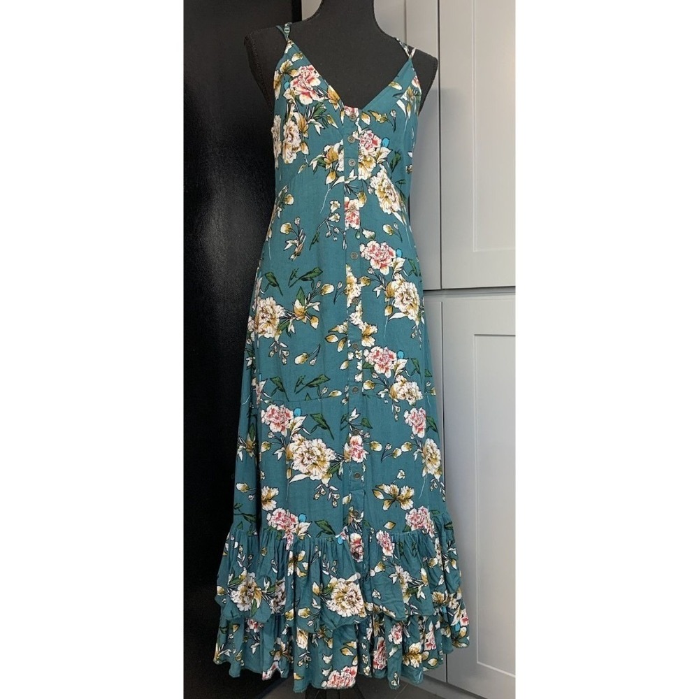 Vacate The Label Maxi Dress Small Green Floral Ruffle Hem Straps Peasant Sun
